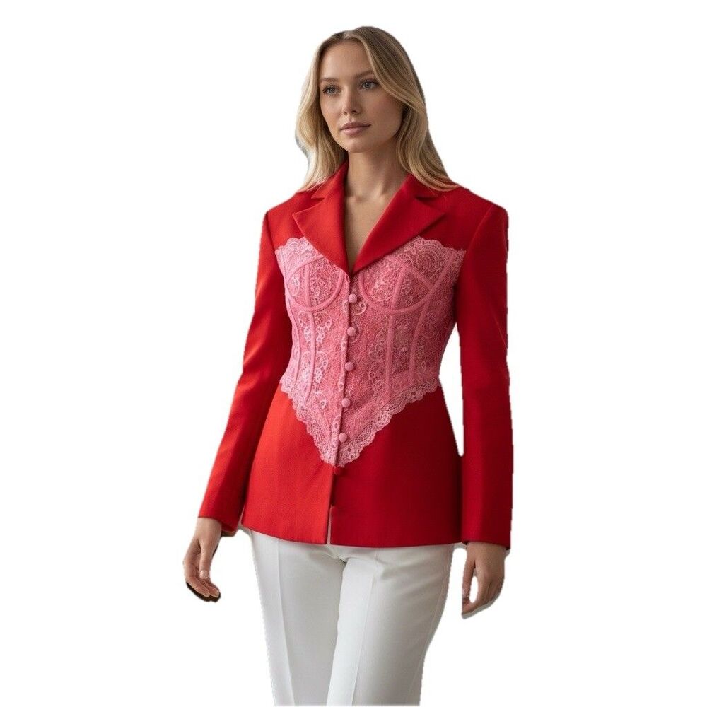 Ellae Lisque Lace Corset Blazer Valentines Jacket Button Up Small Red & Pink NWT